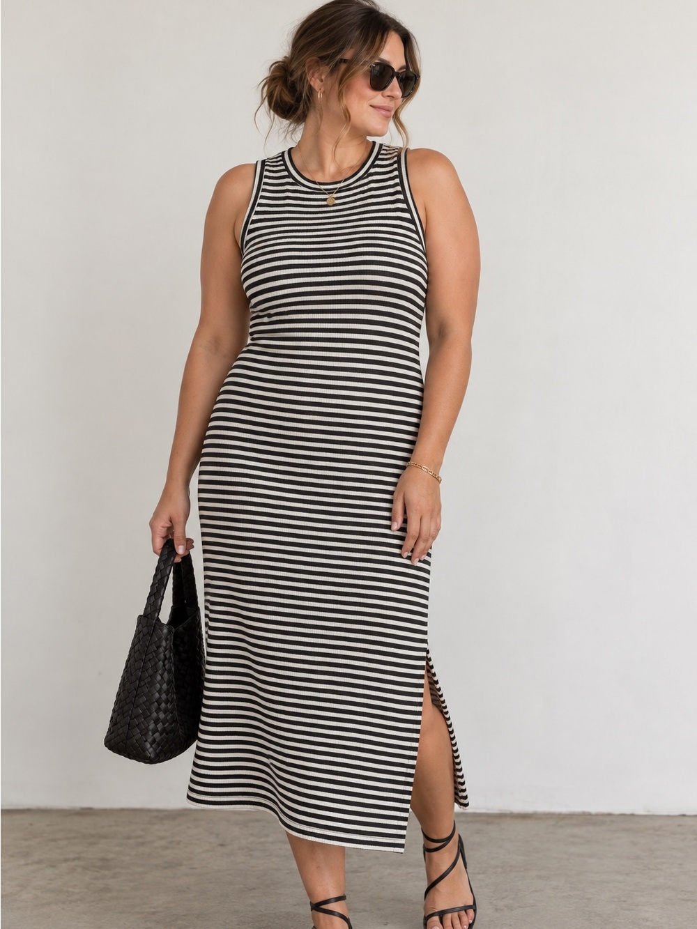 Rails Striped Tank Sleeveless Column Fitted Black White Cotton Midi/Maxi Dress